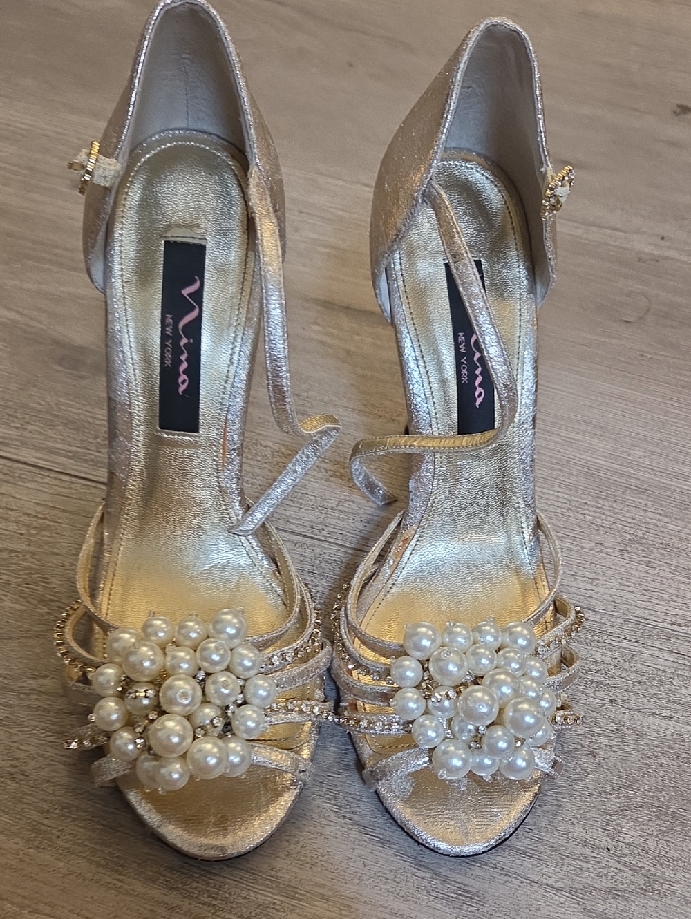 Nina New York Champagne Gold Pearl Cluster Strappy Heels